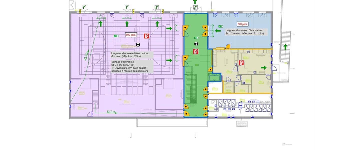 Plan rez-de-chaussée Champvent PR214, flux évacuation verts/rouges, escaliers, coupe-feu.