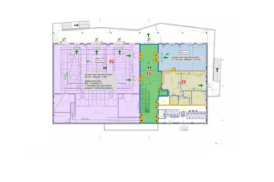 Plan rez-de-chaussée Champvent PR214, flux évacuation verts/rouges, escaliers, coupe-feu.