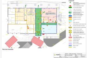 Tableau résistance feu et plan rez-de-chaussée salle polyvalente Champvent, mandat PR214, volumes évacuation, coupe-feu.